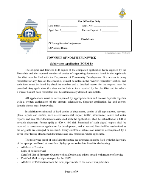 First page of the Subdivision Application