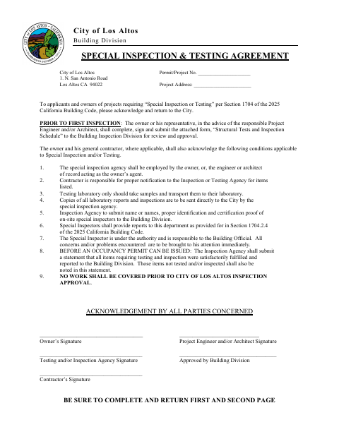 First page of the Special Inspection & Testing Agreement