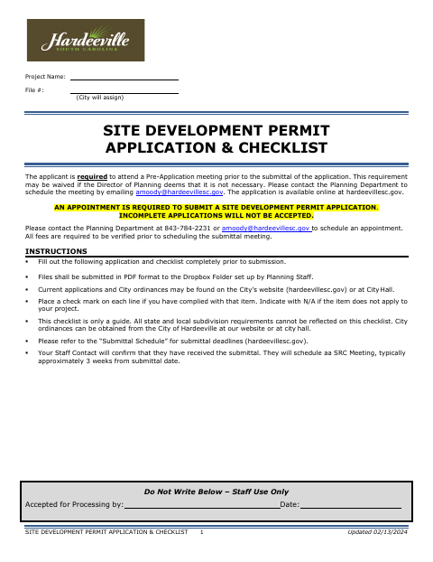 First page of the Site Development Permit Application and Checklist