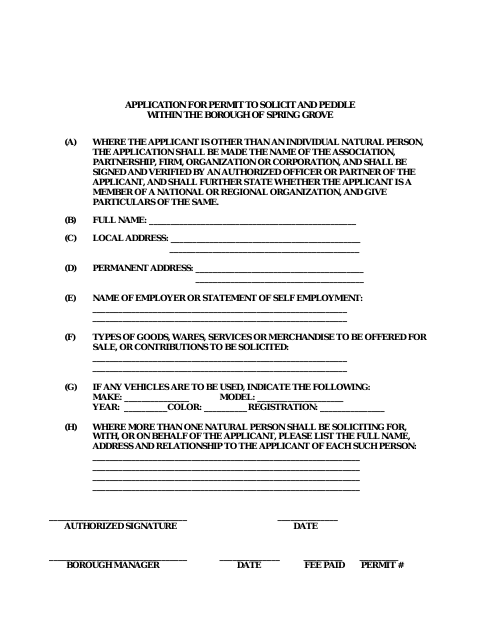 First page of the Application for Permit to Solicit and Peddle