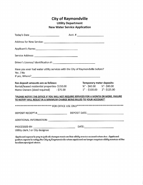 First page of the New Water Service Application