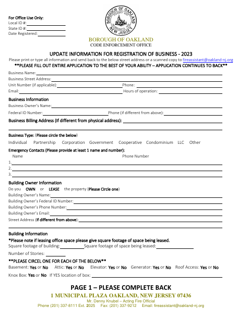 First page of the Update Information for Registration of Business