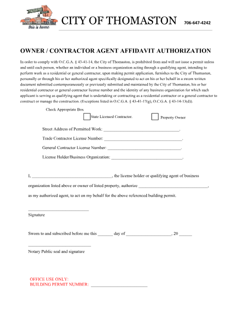 First page of the Owner / Contractor Agent Affidavit