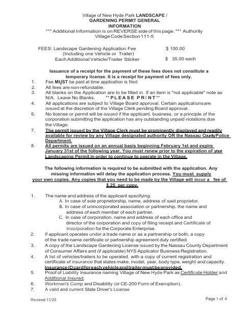 First page of the Landscape / Gardening Permit Application
