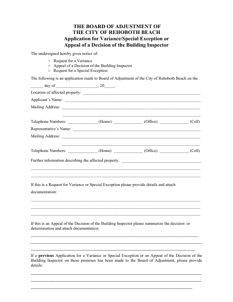 First page of the Board of Adjustment Variance, Special Exception, or Appeal Application