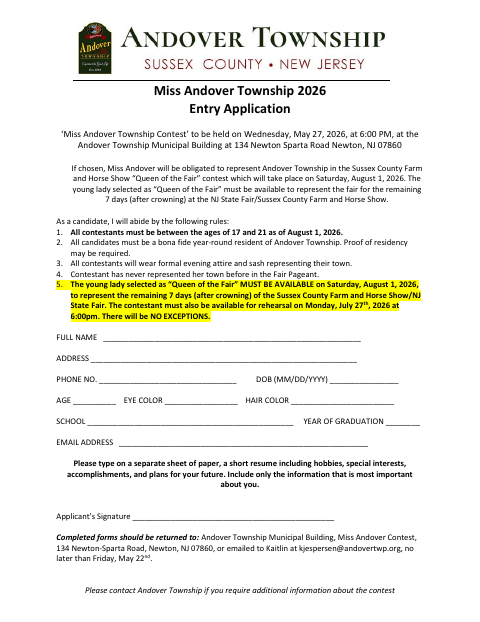 First page of the Miss Andover Township 2026 Entry Application