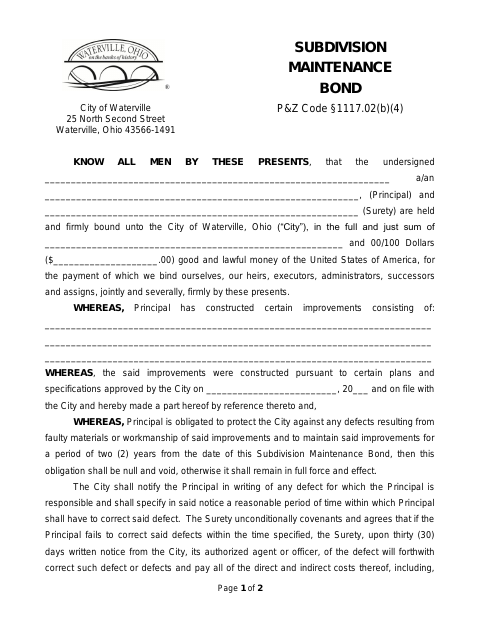 First page of the Subdivision Maintenance Bond
