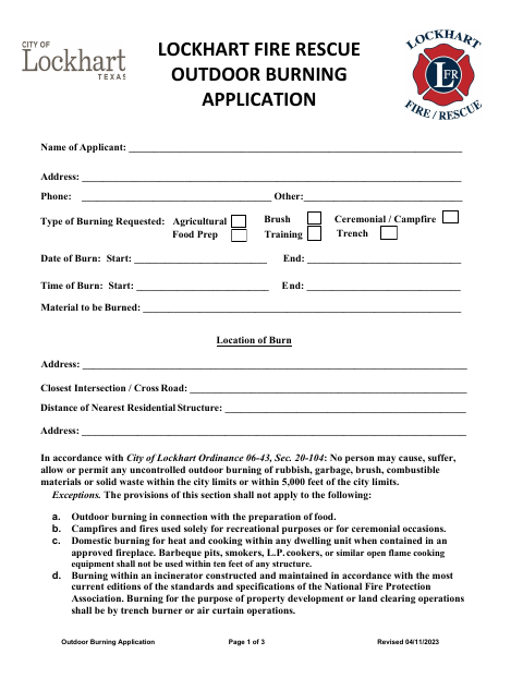 First page of the Outdoor Burning Application