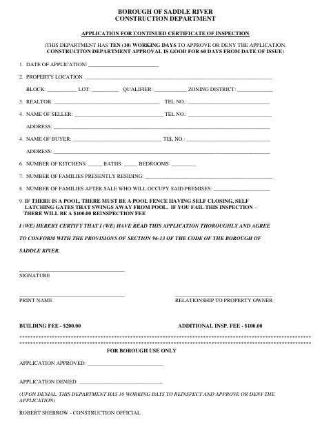 First page of the Application for Continued Certificate of Inspection