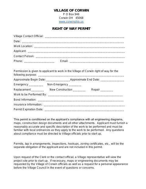 First page of the Right of Way Permit