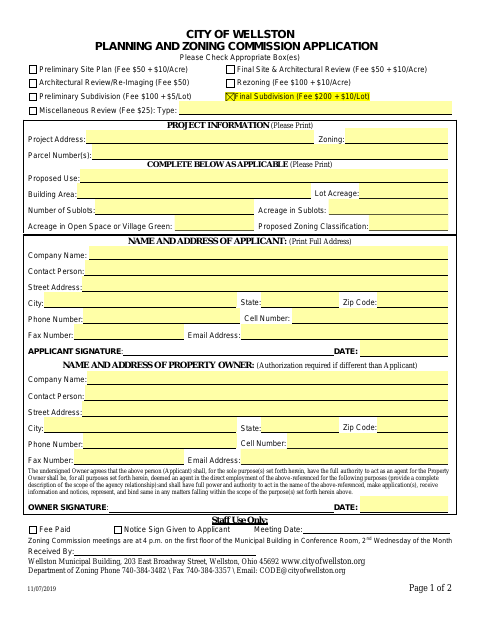 First page of the Planning and Zoning Commission Application