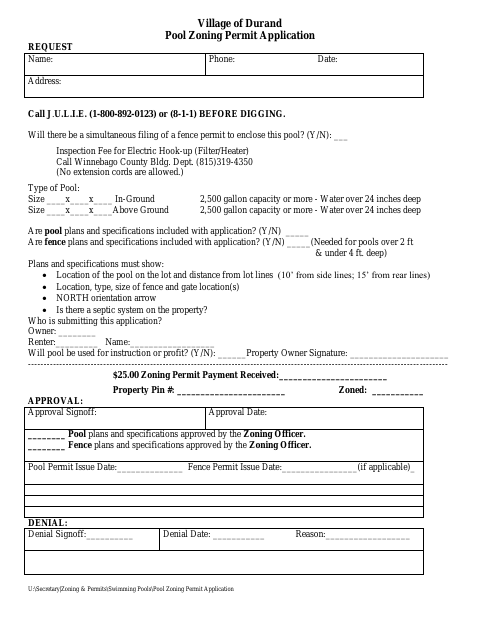 First page of the Pool Zoning Permit Application
