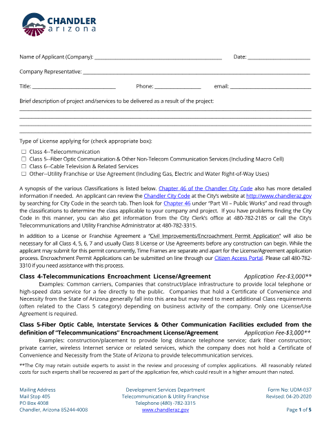 First page of the Telecommunications and Utility Franchise Application