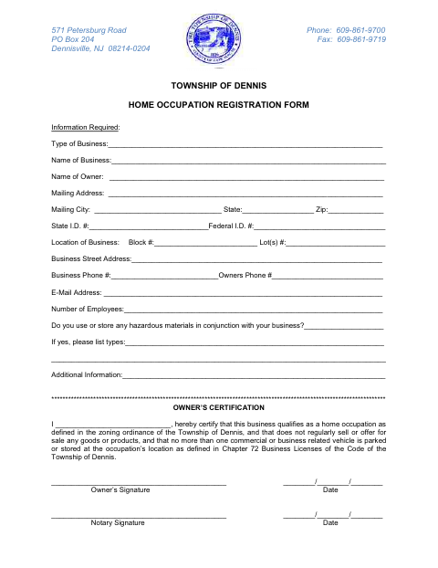 First page of the Home Occupation Registration Form