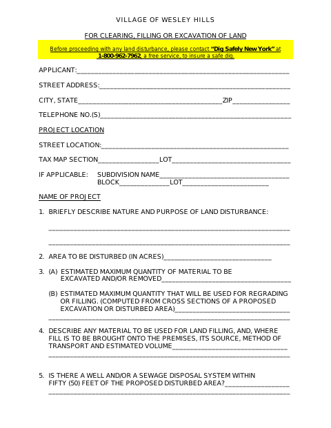 First page of the Clearing, Filling or Excavation of Land Application