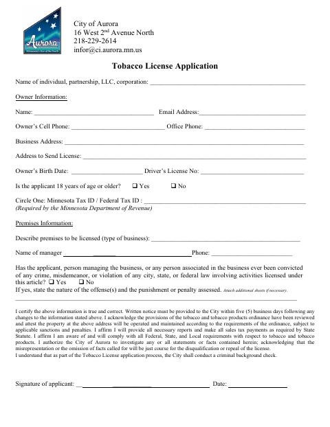 First page of the Tobacco License Application