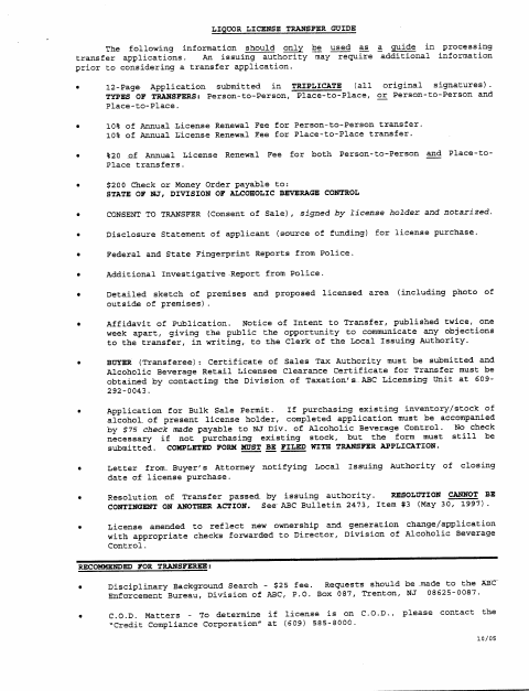 First page of the Person-to-Person Transfer of Liquor License