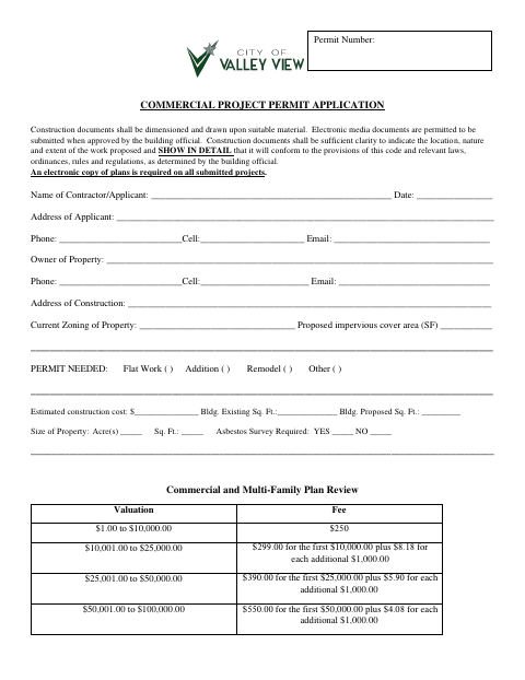 First page of the Commercial Project Permit Application