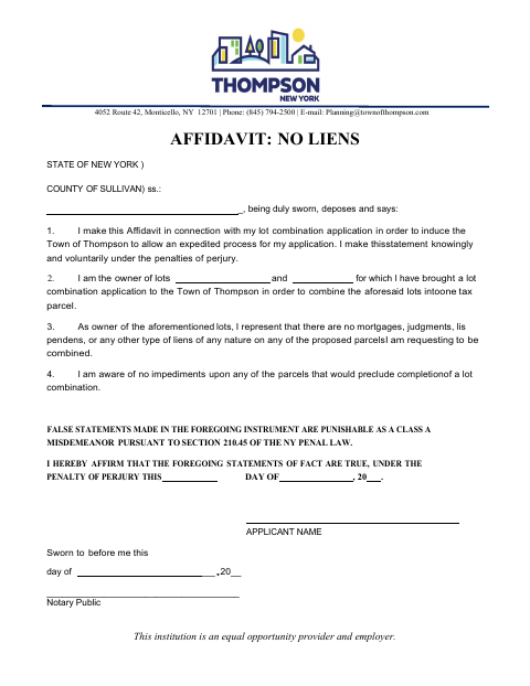 First page of the No-Lien Affidavit