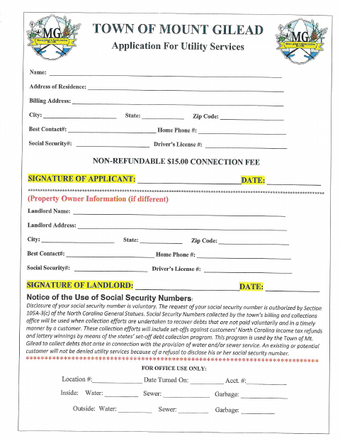 First page of the Application For Utility Services