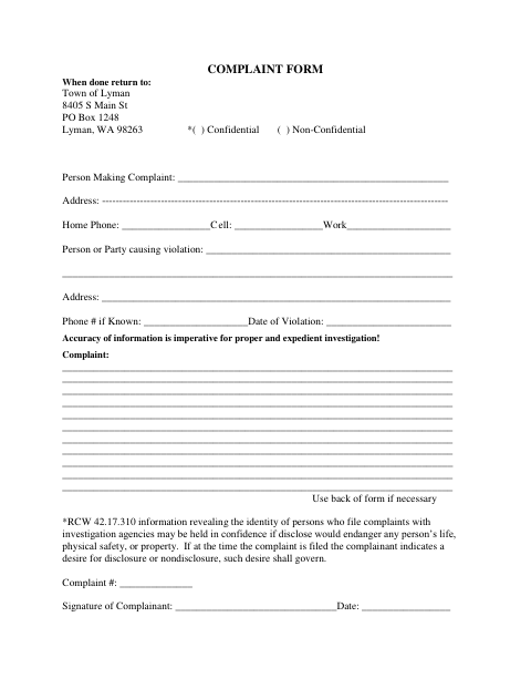 First page of the Complaint Form