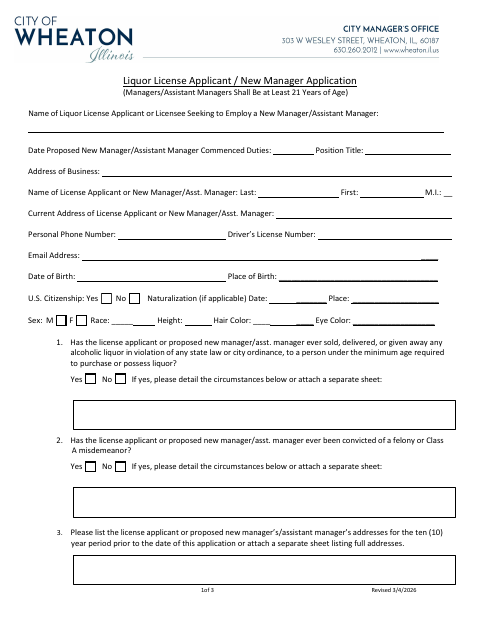 First page of the Liquor License Applicant / New Manager Application