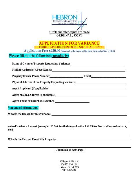 First page of the Application for Variance