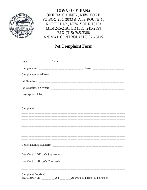 First page of the Pet Complaint Form