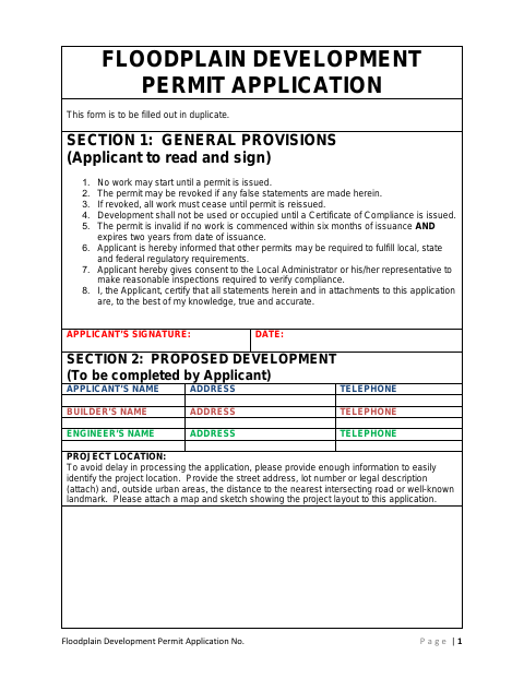 First page of the Floodplain Development Permit Application