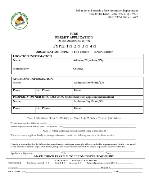 First page of the Fire Permit Application