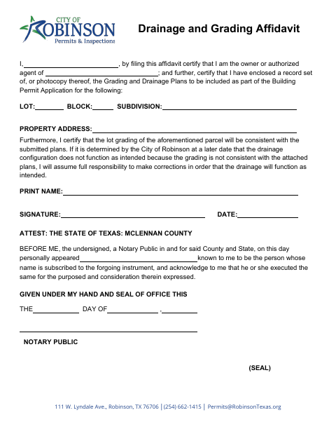 First page of the Drainage and Grading Affidavit