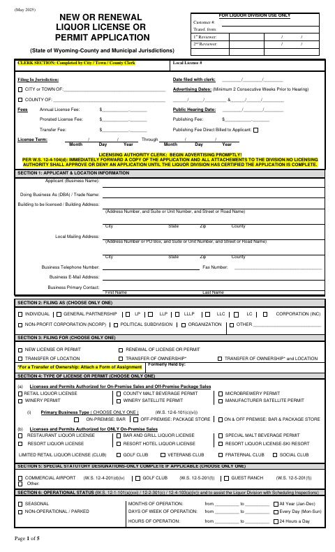 First page of the Liquor License or Permit Application