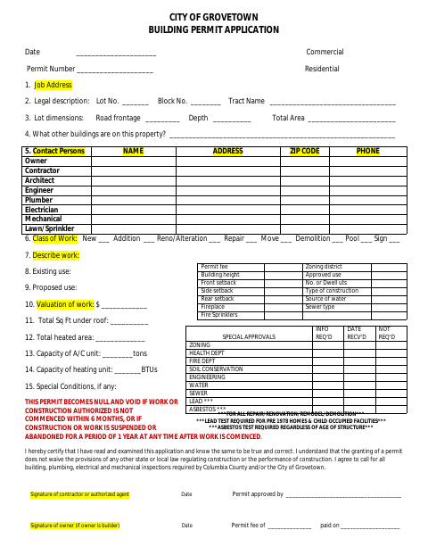First page of the Building Permit Application