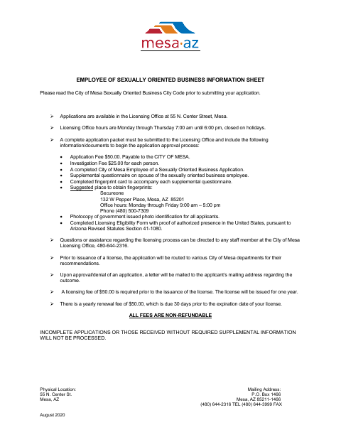 First page of the Employee of Sexually Oriented Business Information Sheet