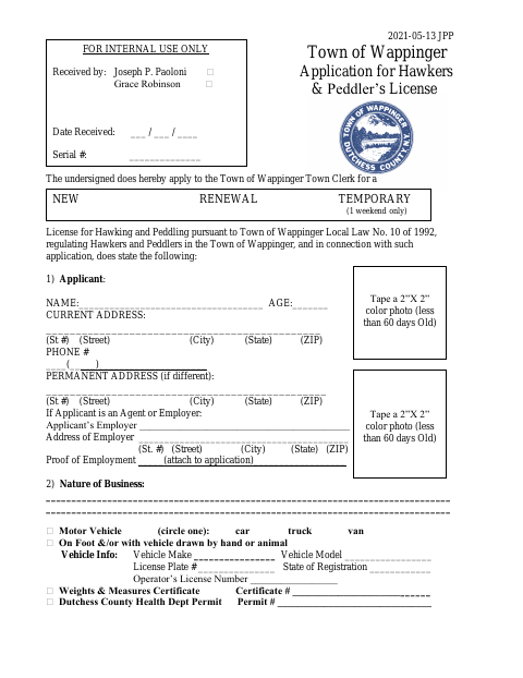 First page of the Hawker and Peddler License Application
