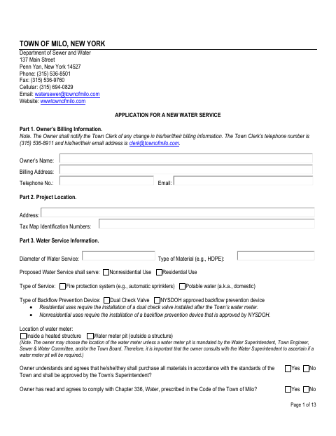 First page of the Application for a New Water Service