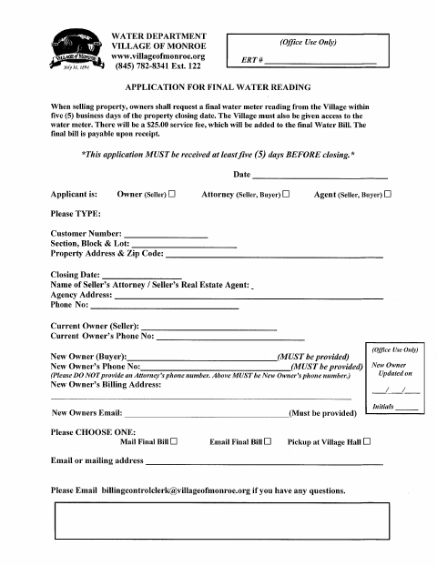 First page of the Application for Final Water Reading