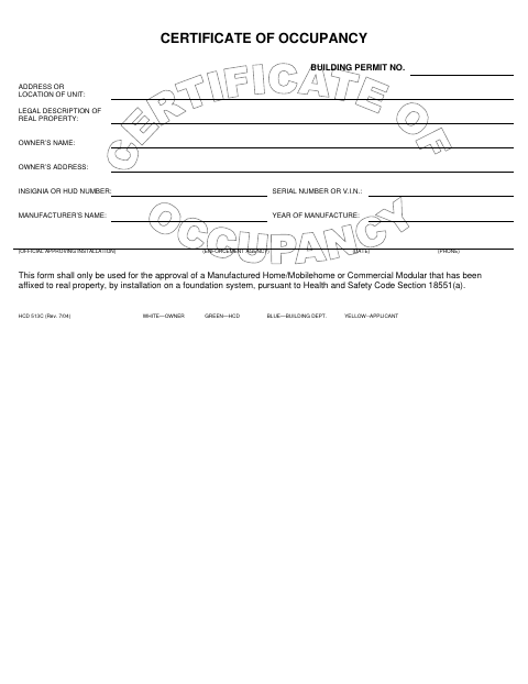 First page of the Certificate of Occupancy