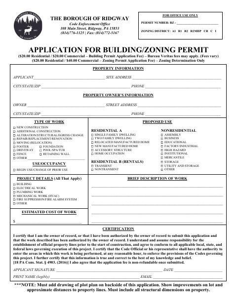 First page of the Application for Building / Zoning Permit