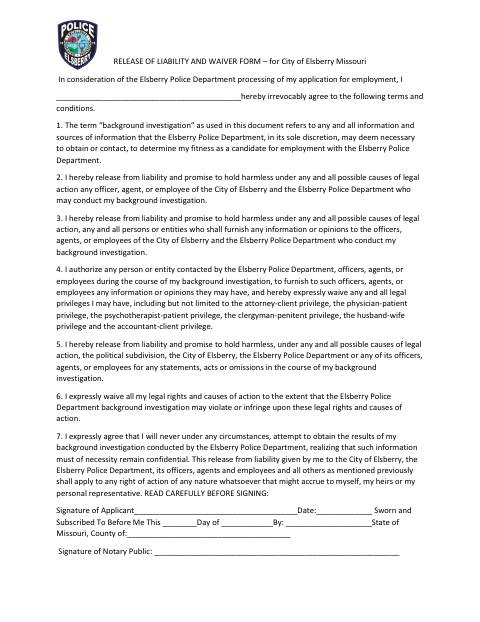 First page of the Release of Liability and Waiver Form