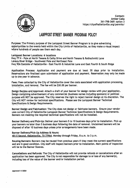 First page of the Lamppost Street Banner Permit Application