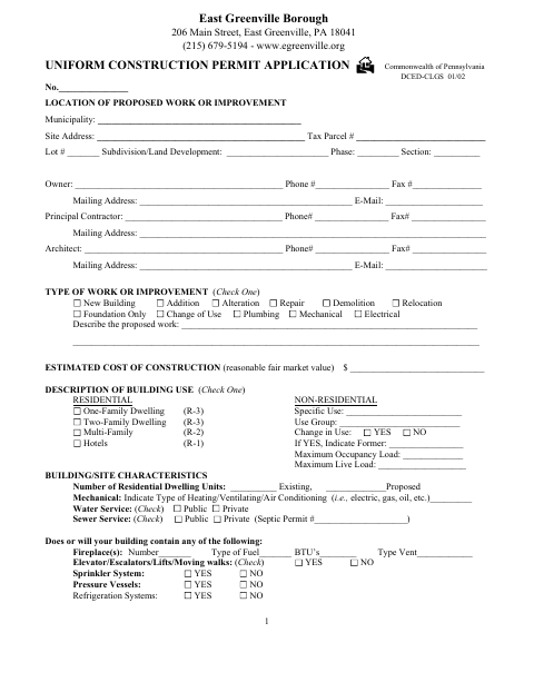 First page of the Uniform Construction Permit Application