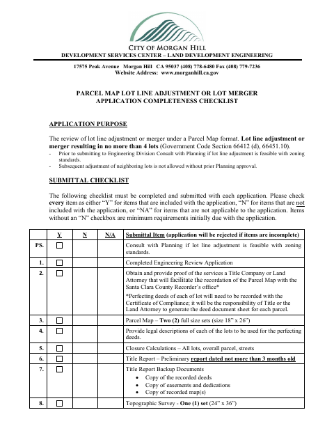 First page of the Parcel Map Lot Line Adjustment or Lot Merger Application Completeness Checklist