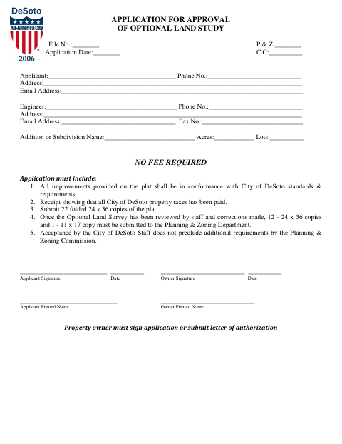 First page of the Application for Approval of Optional Land Study