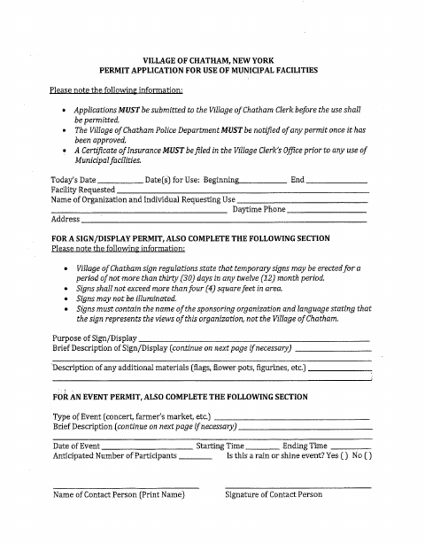 First page of the Municipal Use of Facilities Permit