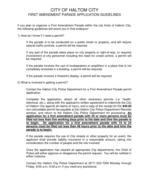 First page of the First Amendment Parade Permit Application and Indemnity Agreement