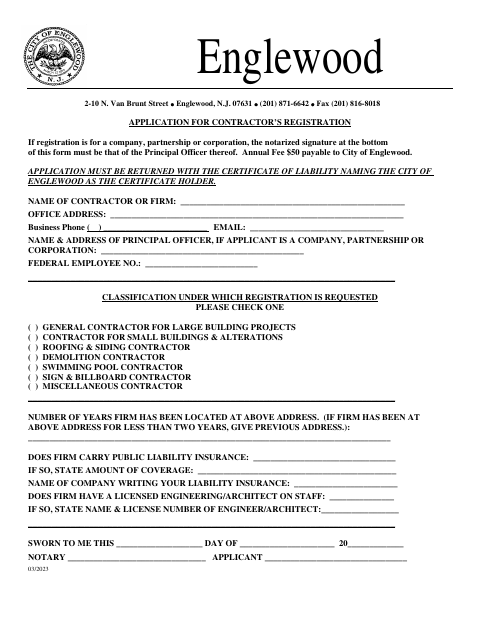 First page of the Application for Contractor’s Registration