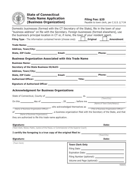 First page of the Trade Name Application for Business Organizations
