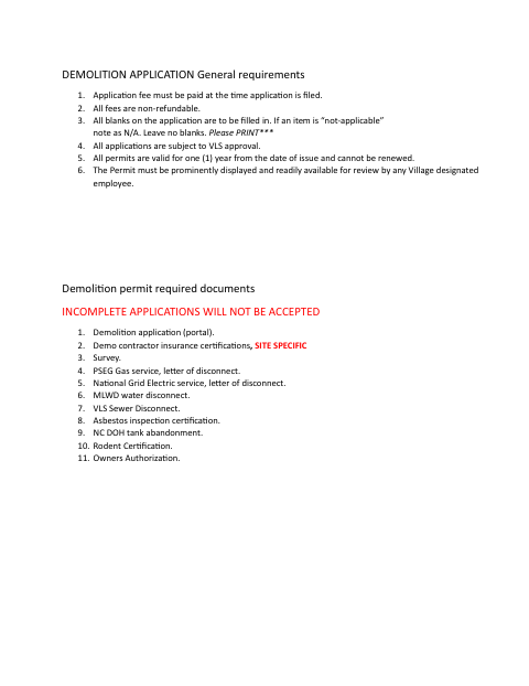 First page of the Demolition Permit Application