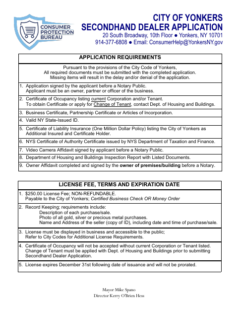 First page of the Secondhand Dealer License Application